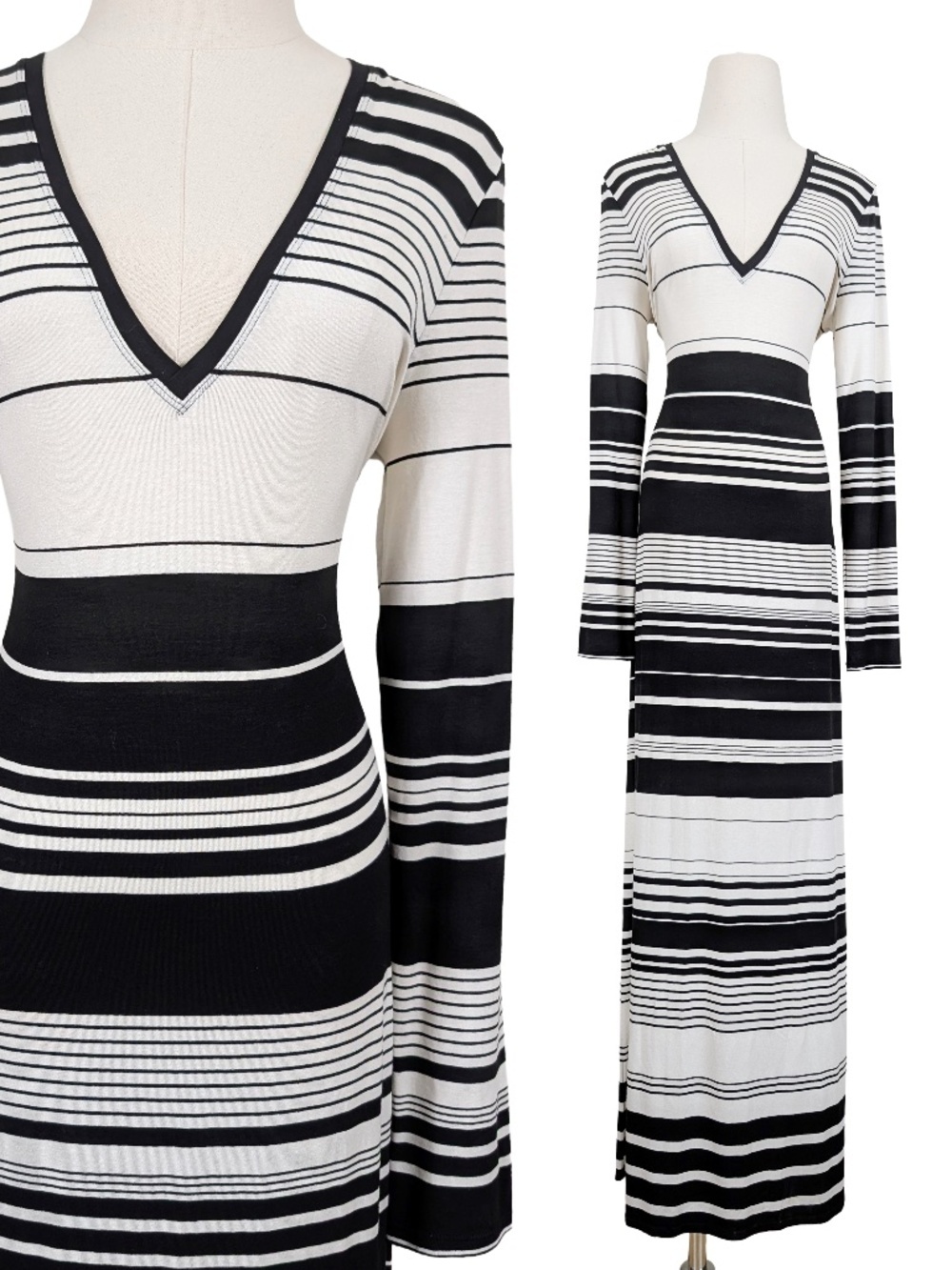 BCBG Striped Maxi Dress Bodycon Semi-Formal Size Medium Black White (c)